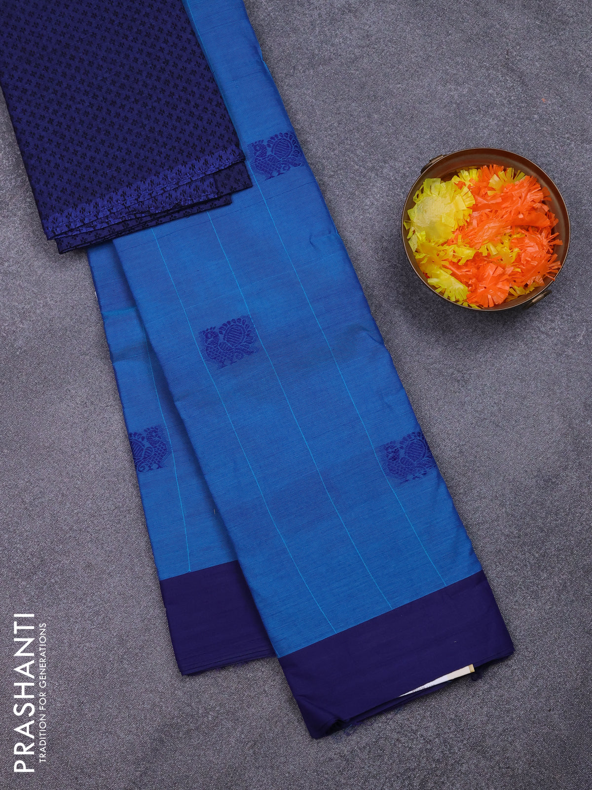 Chettinad cotton saree teal blue and navy blue with stripes pattern & annam thread woven buttas and simple border