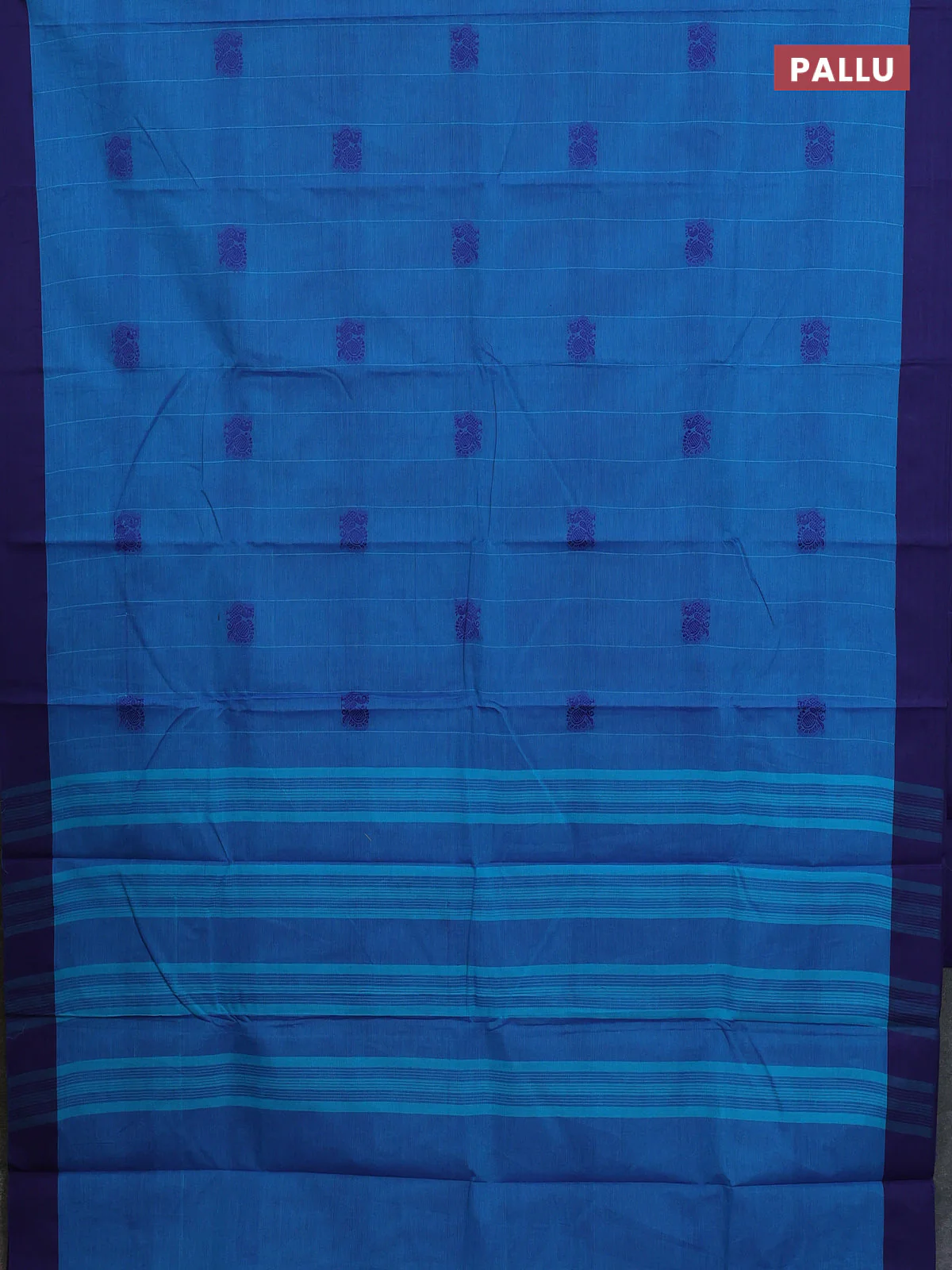 Chettinad cotton saree teal blue and navy blue with stripes pattern & annam thread woven buttas and simple border - Image 3