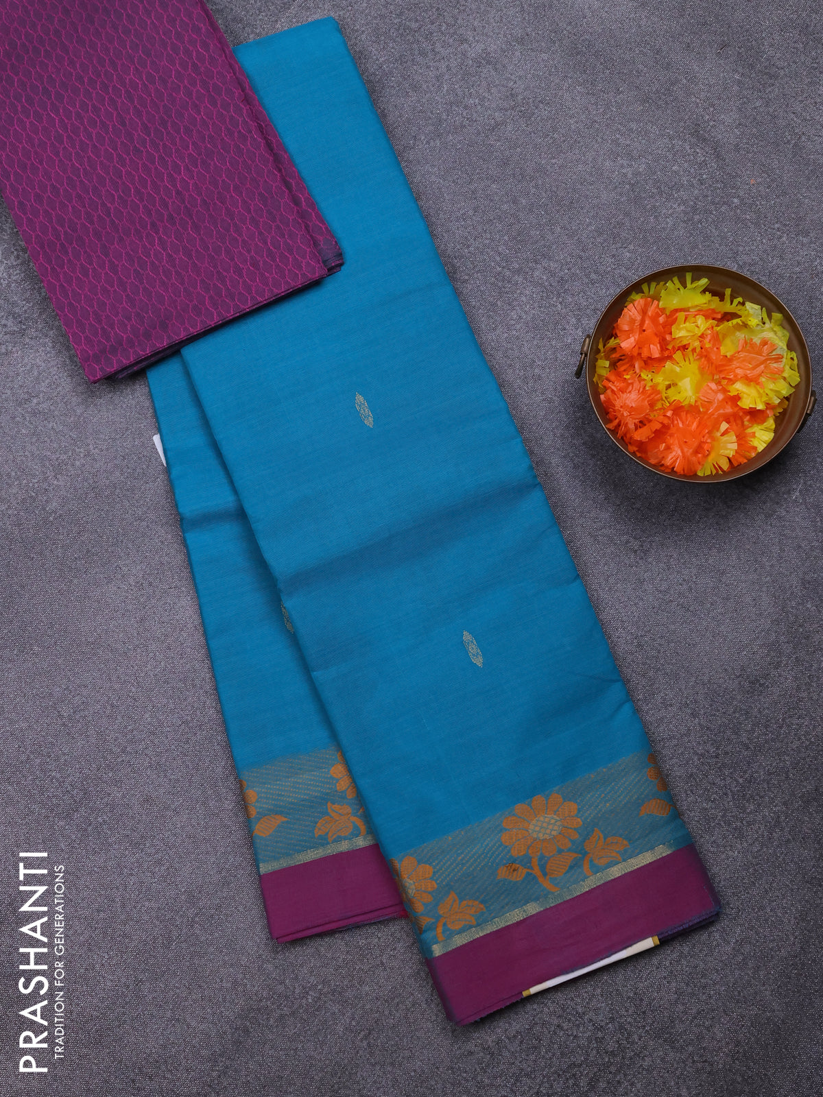 Chettinad cotton saree teal blue and purple with thread woven buttas and thread woven border
