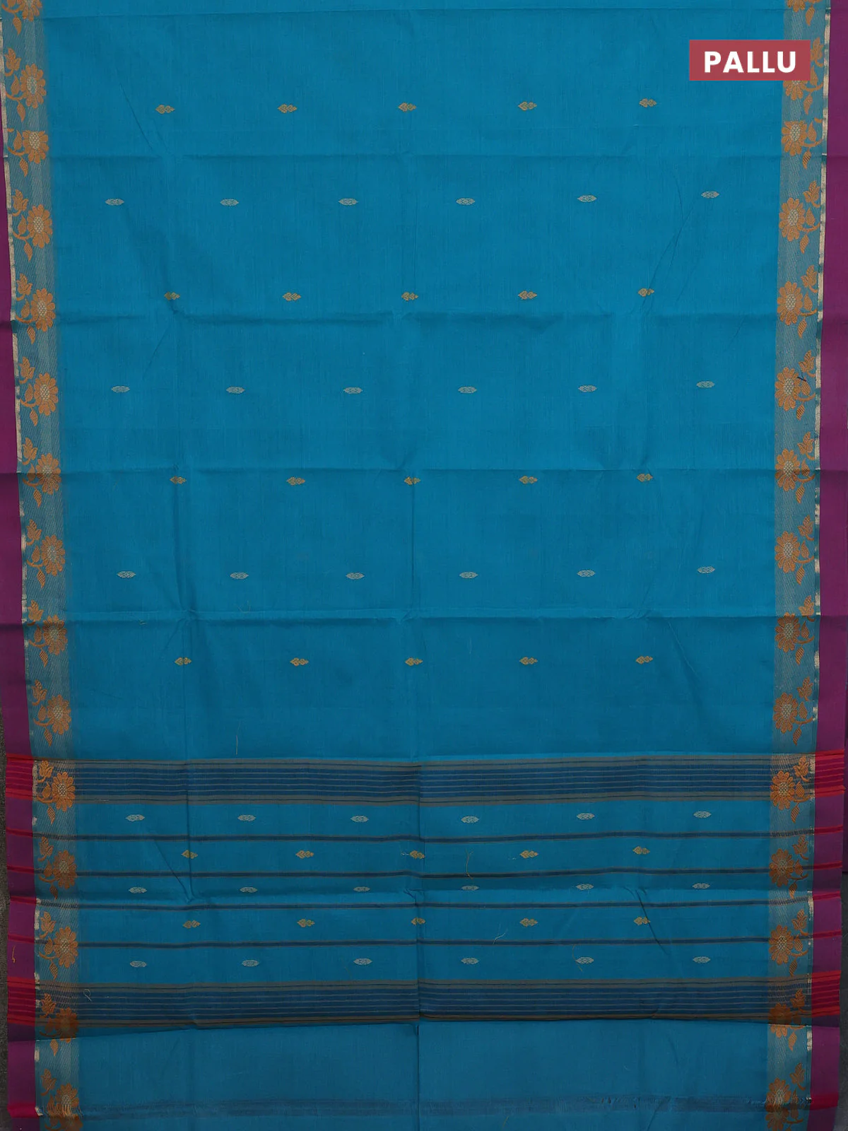 Chettinad cotton saree teal blue and purple with thread woven buttas and thread woven border - Image 3