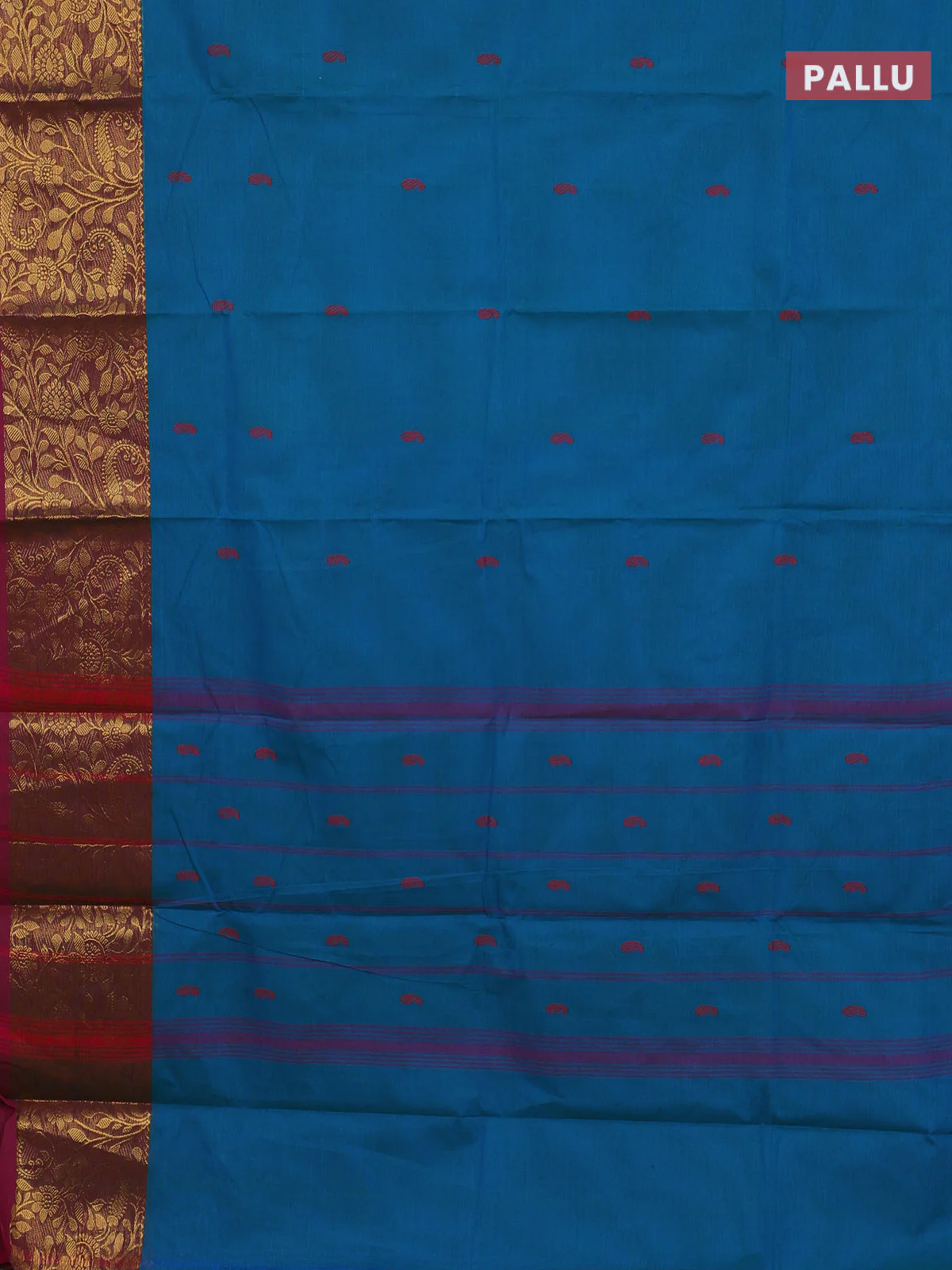 Chettinad cotton saree teal blue and purple with thread woven buttas and zari woven border - Image 3