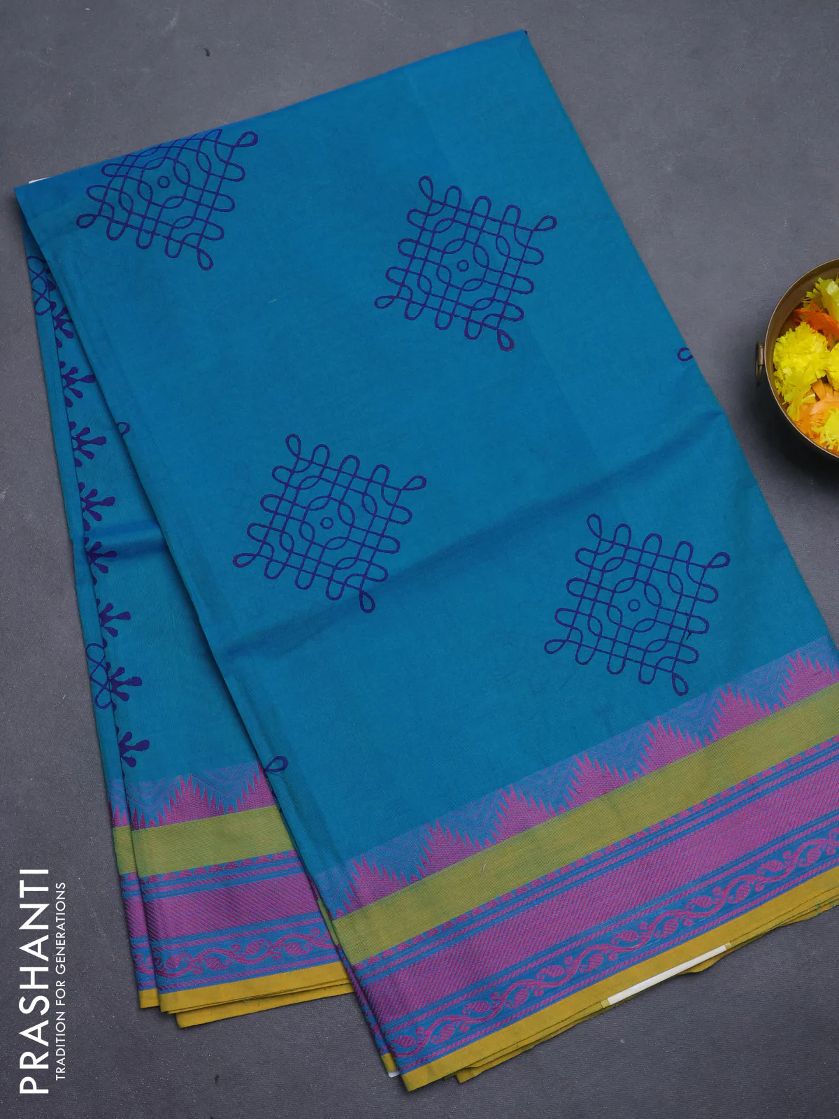 Chettinad cotton saree teal blue and yellow with allover prints and thread woven border