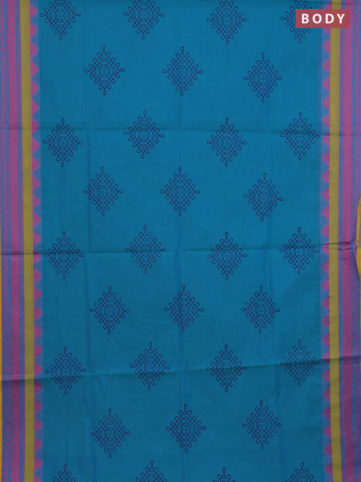 Chettinad cotton saree teal blue and yellow with allover prints and thread woven border - Image 2