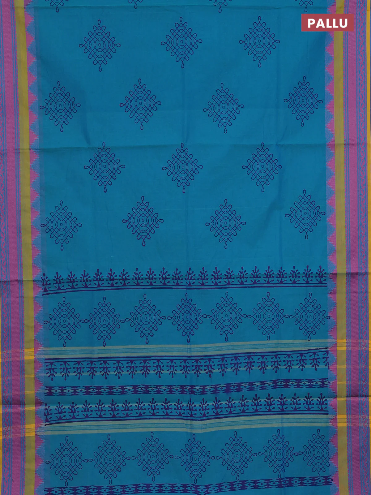 Chettinad cotton saree teal blue and yellow with allover prints and thread woven border - Image 3