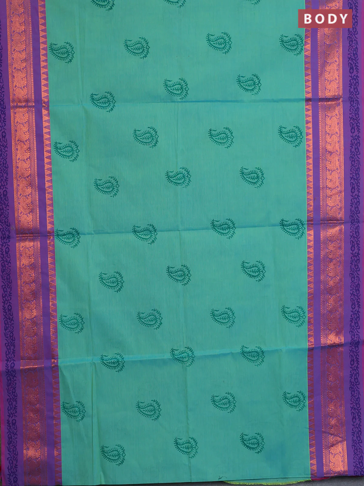 Chettinad cotton saree teal bluish green and purple with butta prints and zari woven printed border - Image 2