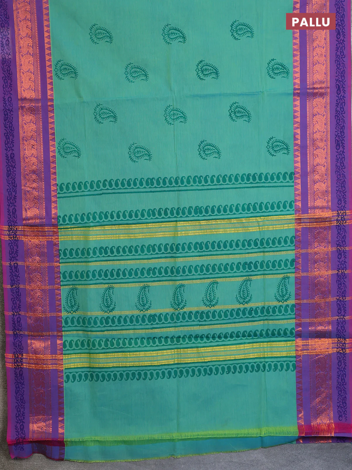 Chettinad cotton saree teal bluish green and purple with butta prints and zari woven printed border - Image 3