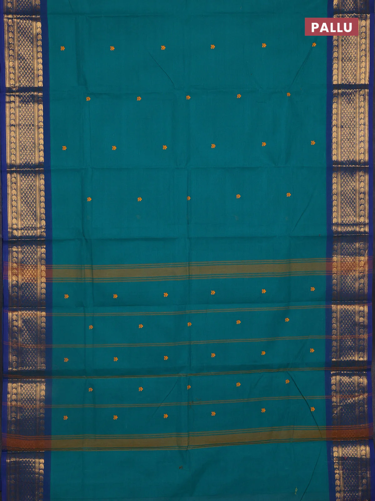Chettinad cotton saree teal green and blue with thread woven buttas and rettapet paisley zari woven butta border - Image 3