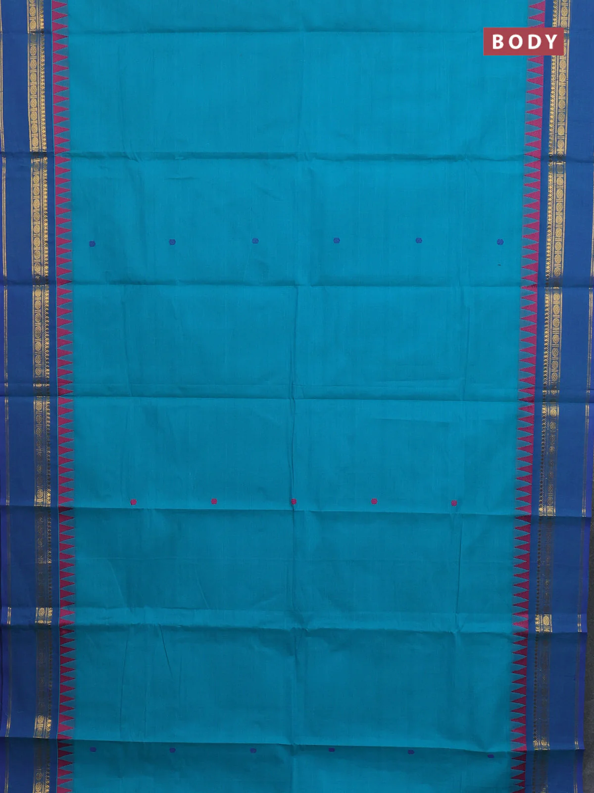 Chettinad cotton saree teal green and blue with thread woven buttas and temple design zari woven border - Image 2