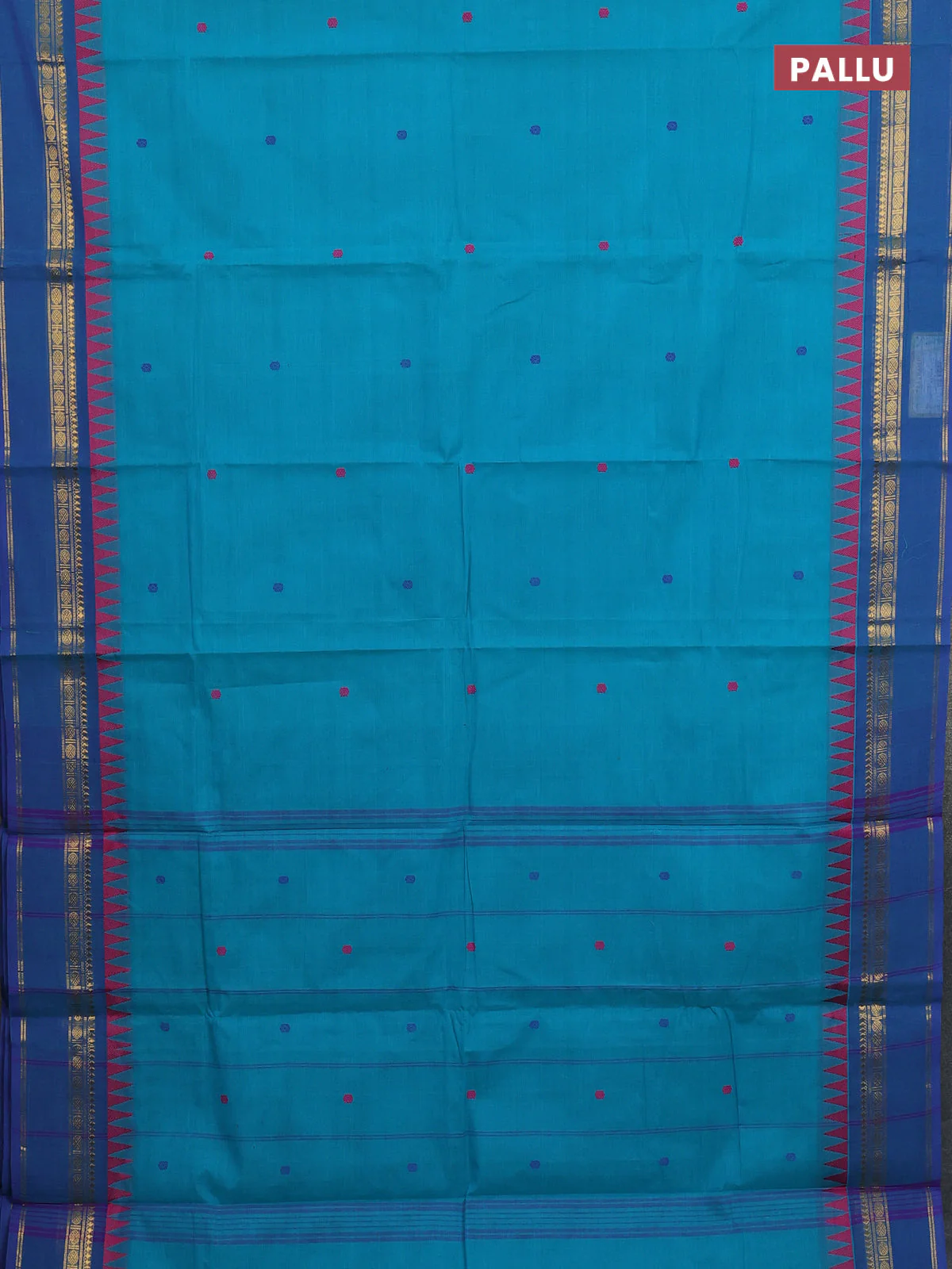 Chettinad cotton saree teal green and blue with thread woven buttas and temple design zari woven border - Image 3