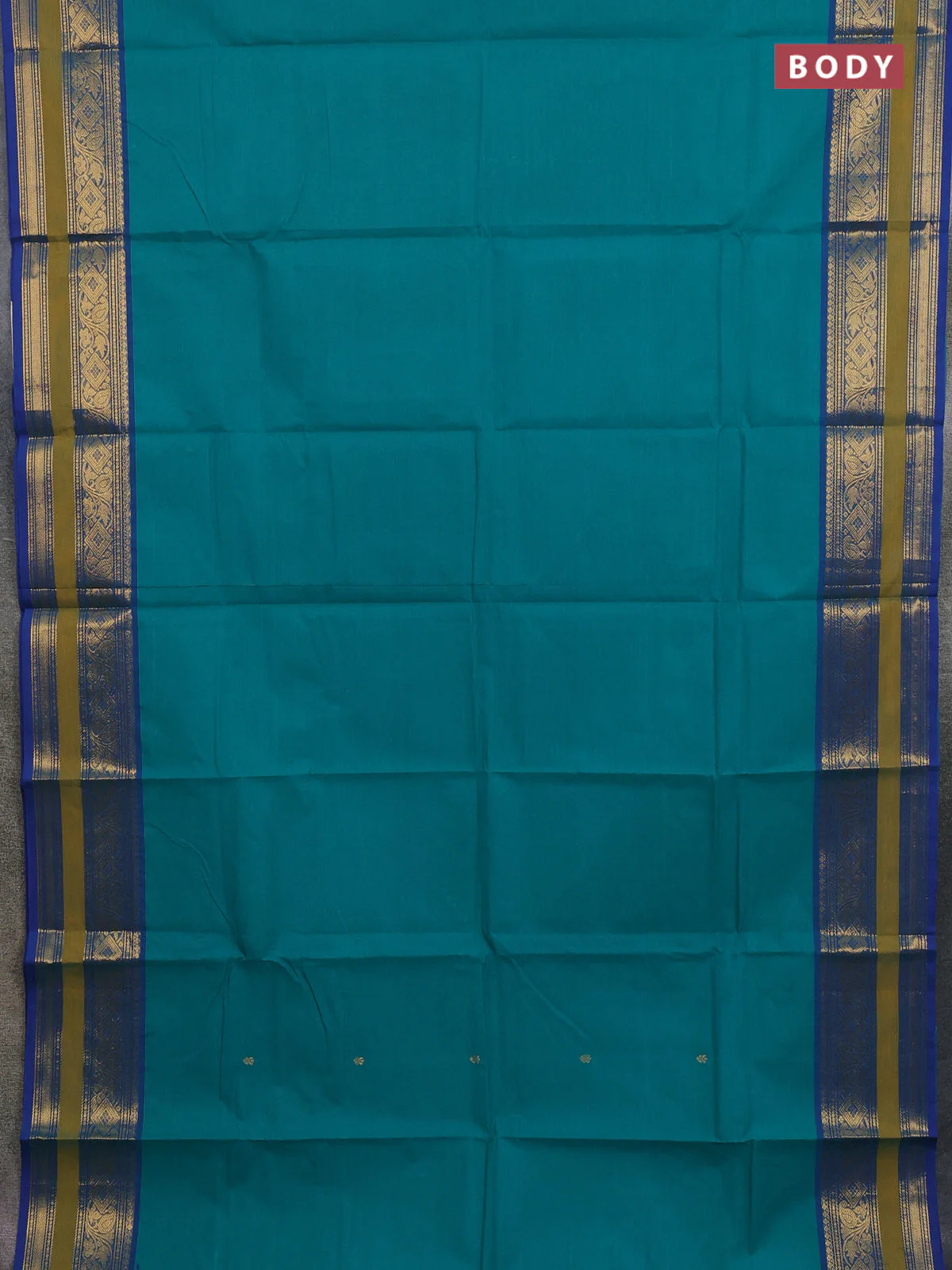 Chettinad cotton saree teal green and blue with zari woven buttas and zari woven border - Image 2