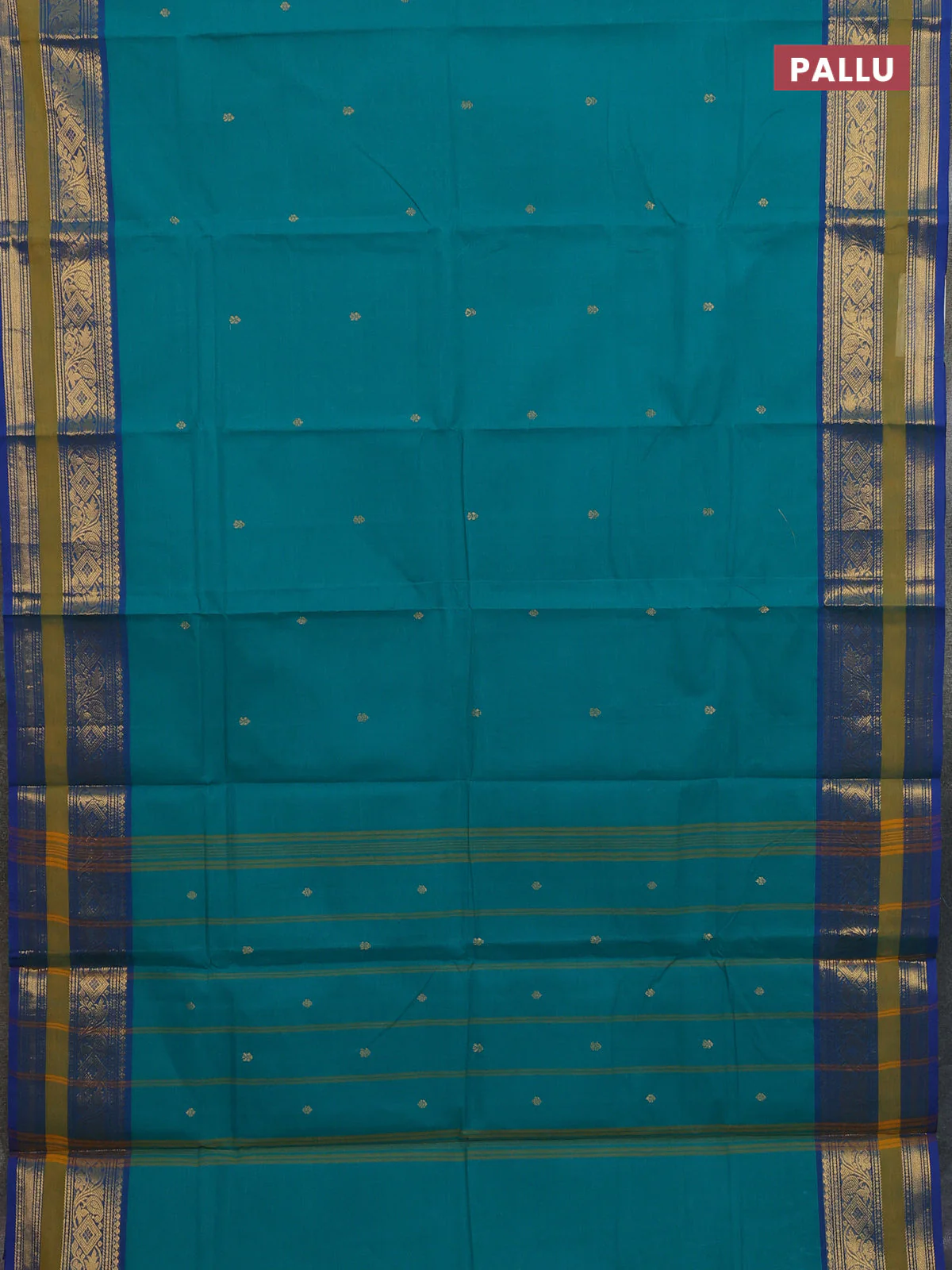 Chettinad cotton saree teal green and blue with zari woven buttas and zari woven border - Image 3