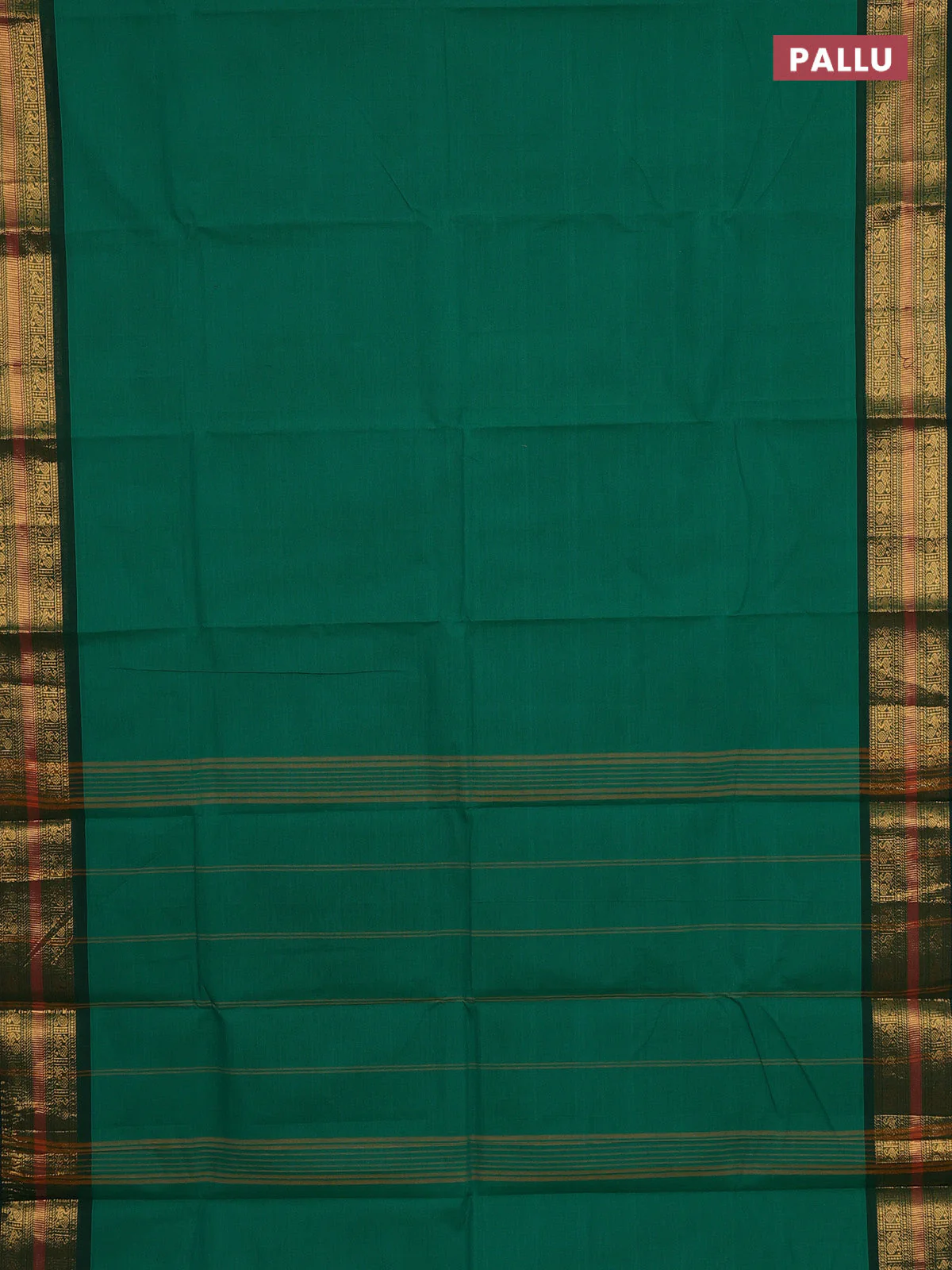 Chettinad cotton saree teal green and green with plain body and zari woven border - Image 3
