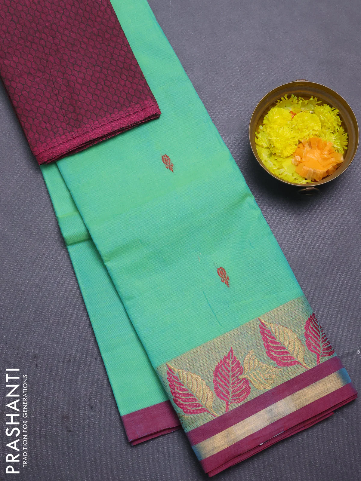 Chettinad cotton saree teal green and maroon with thread woven buttas and thread & zari woven border