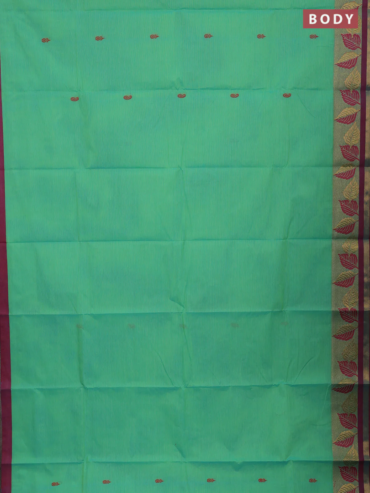 Chettinad cotton saree teal green and maroon with thread woven buttas and thread & zari woven border - Image 2