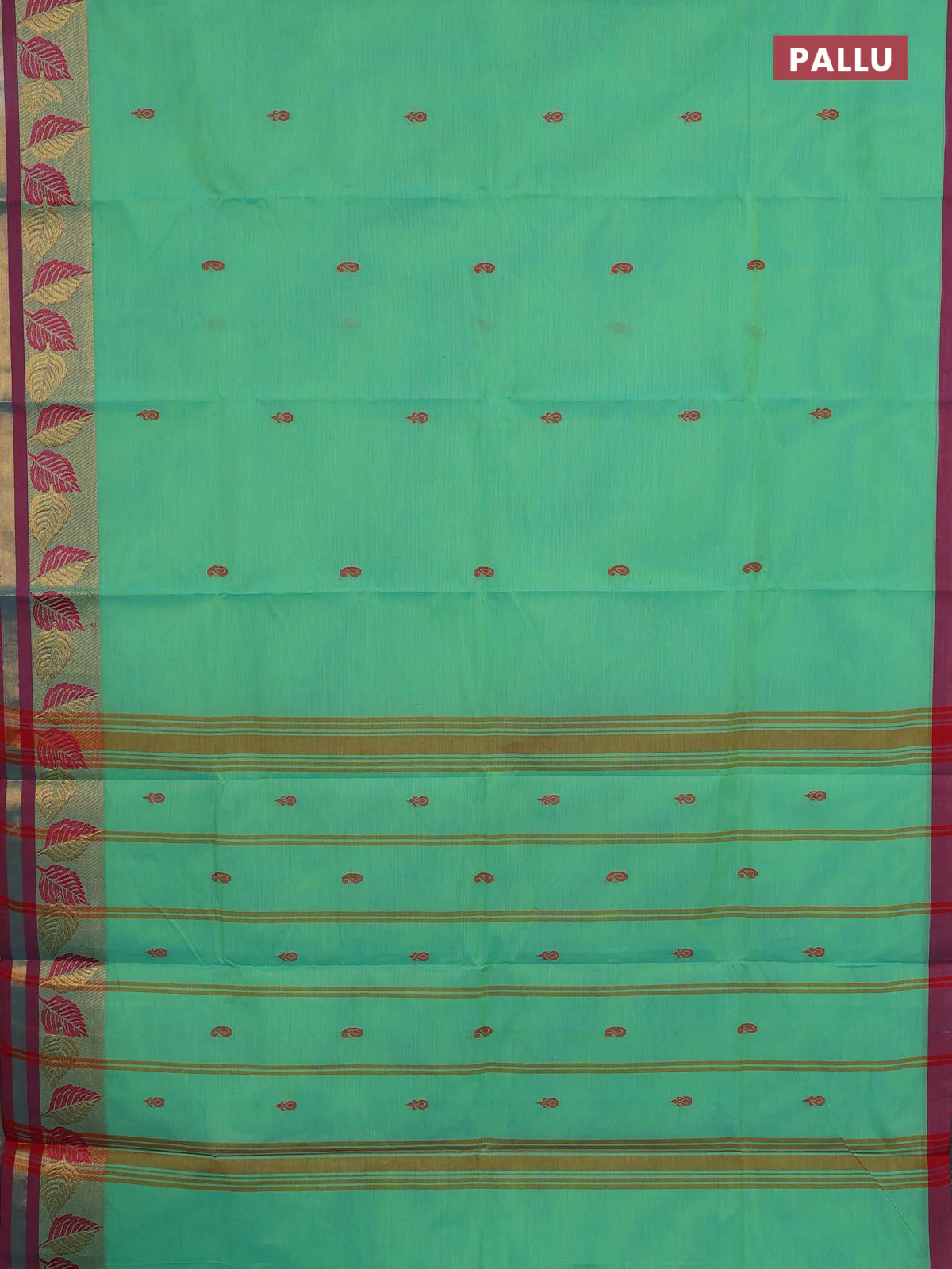 Chettinad cotton saree teal green and maroon with thread woven buttas and thread & zari woven border - Image 3