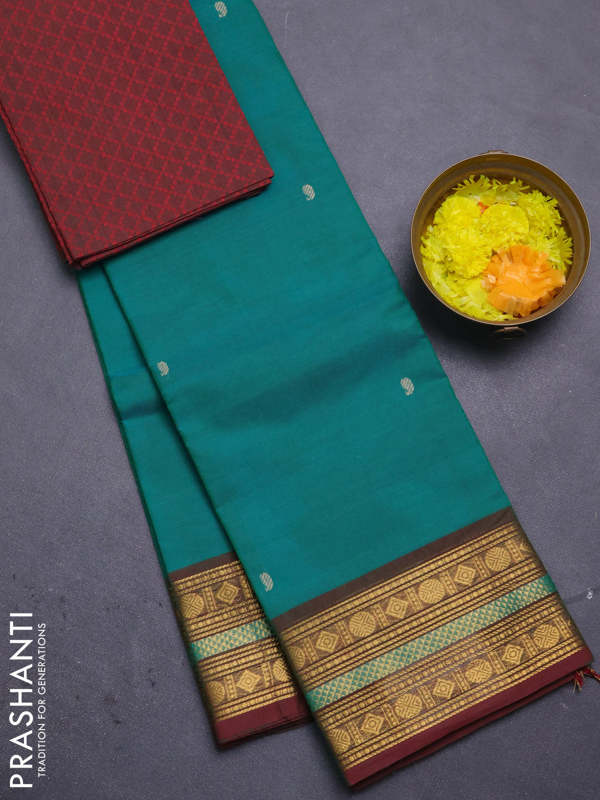 Chettinad cotton saree teal green and maroon with thread woven buttas and zari woven border
