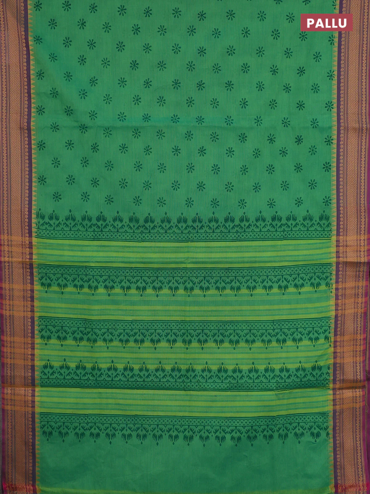 Chettinad cotton saree teal green and purple shade with allover butta prints and thread woven border - Image 3