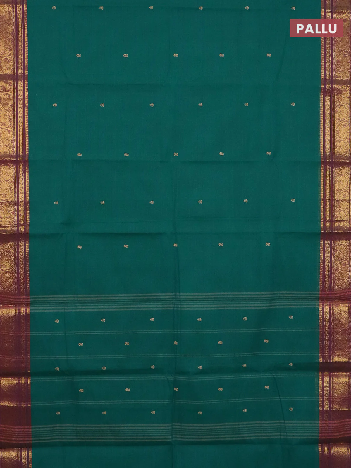 Chettinad cotton saree teal green and purple with thread woven buttas and zari woven border - Image 3