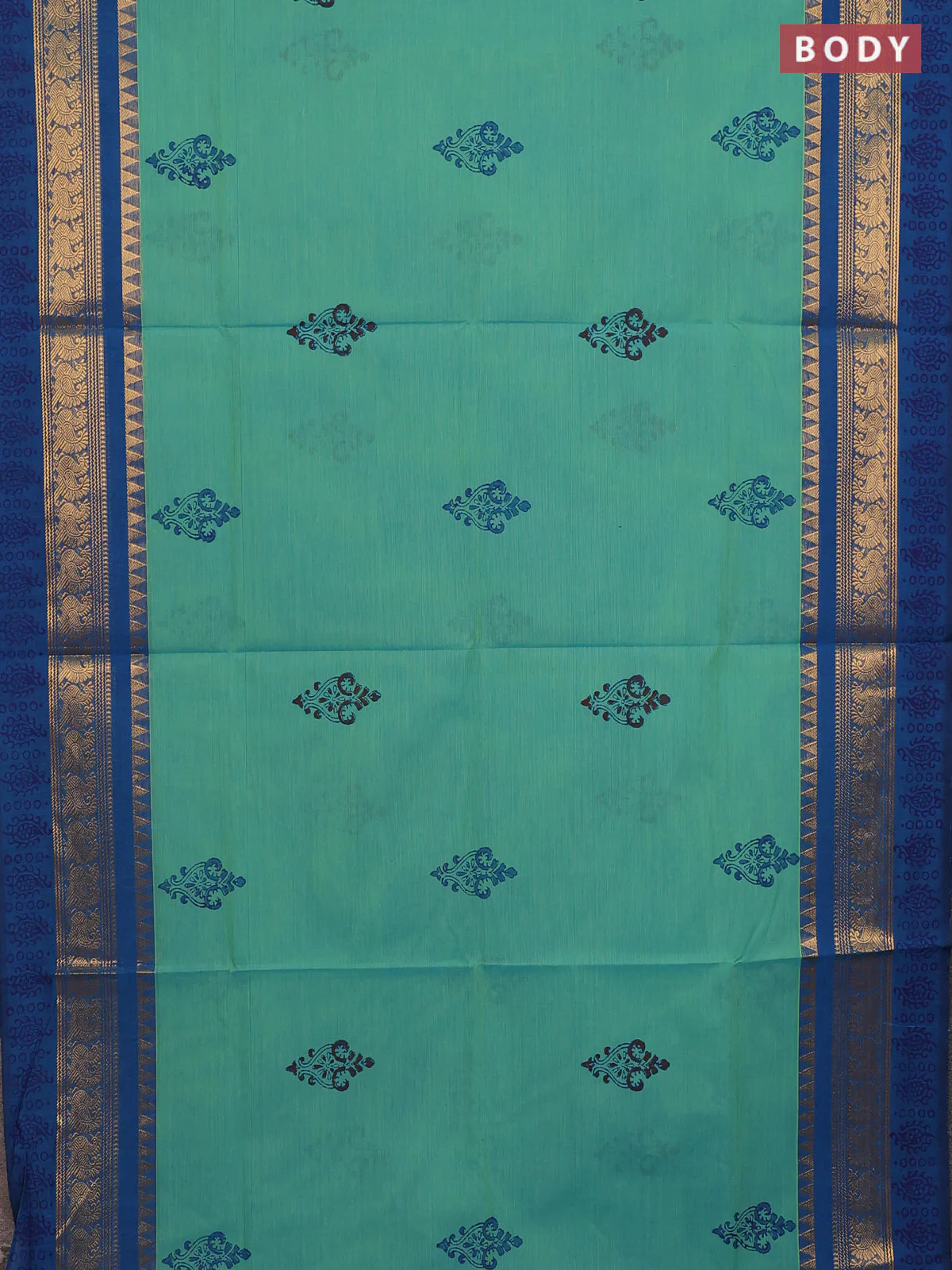 Chettinad cotton saree teal green and teal blue with butta prints and zari woven border - Image 2