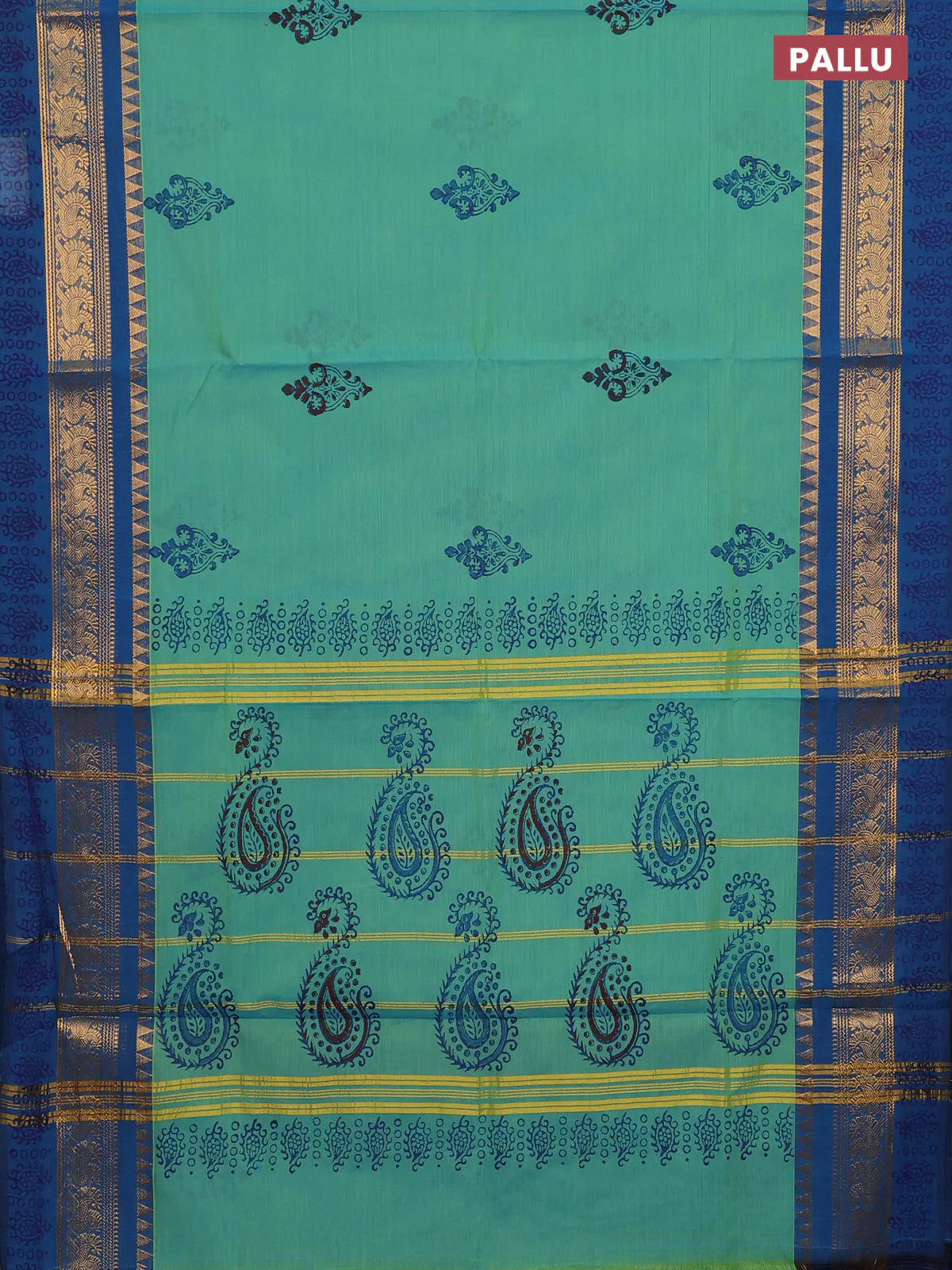 Chettinad cotton saree teal green and teal blue with butta prints and zari woven border - Image 3
