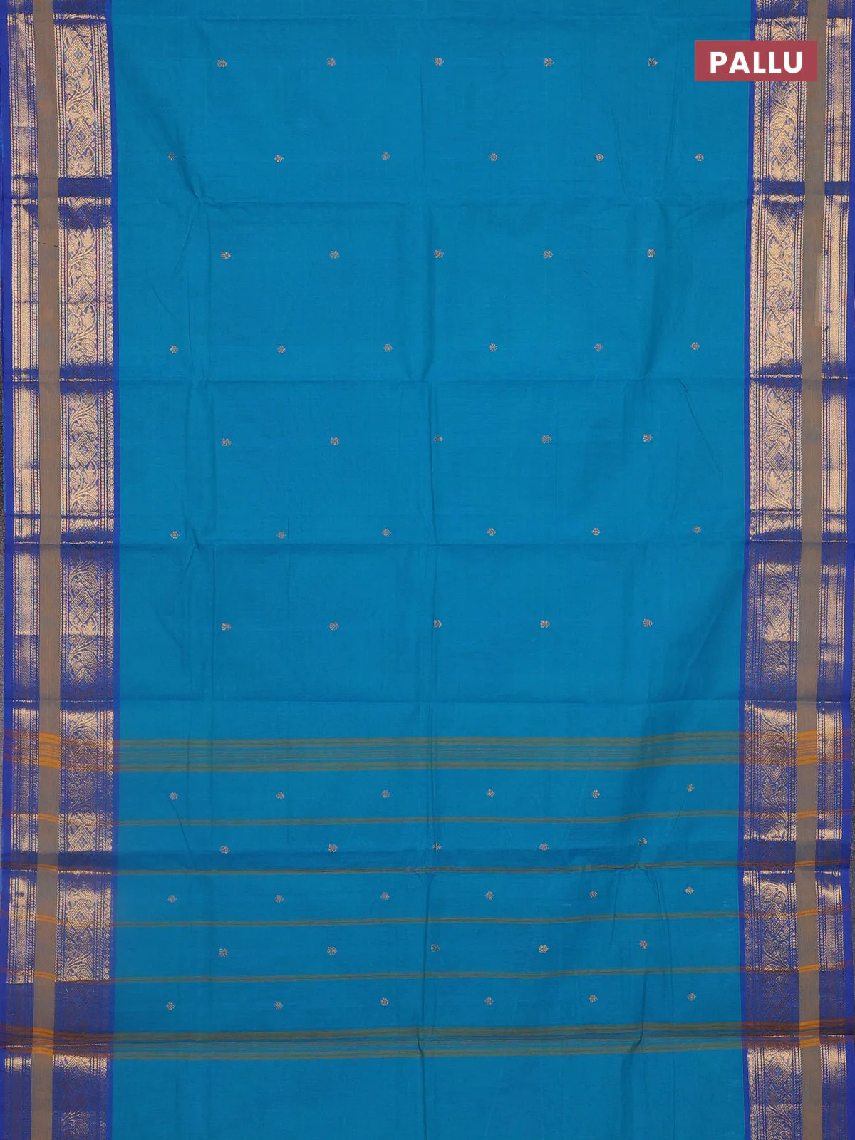 Chettinad cotton saree teal green shade and blue with zari woven buttas and zari woven border - Image 3