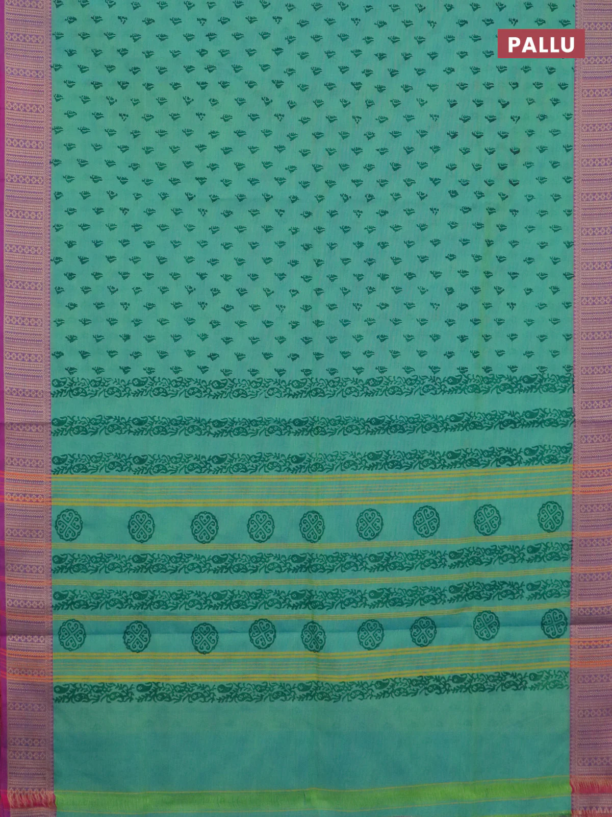 Chettinad cotton saree teal green shade and dual shade of purple with allover butta prints and thread woven border - Image 3