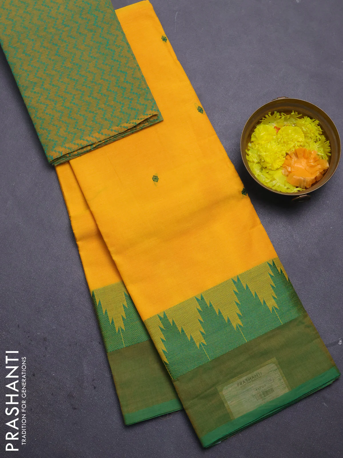 Chettinad cotton saree yellow and green with thread woven buttas and temple design simple border