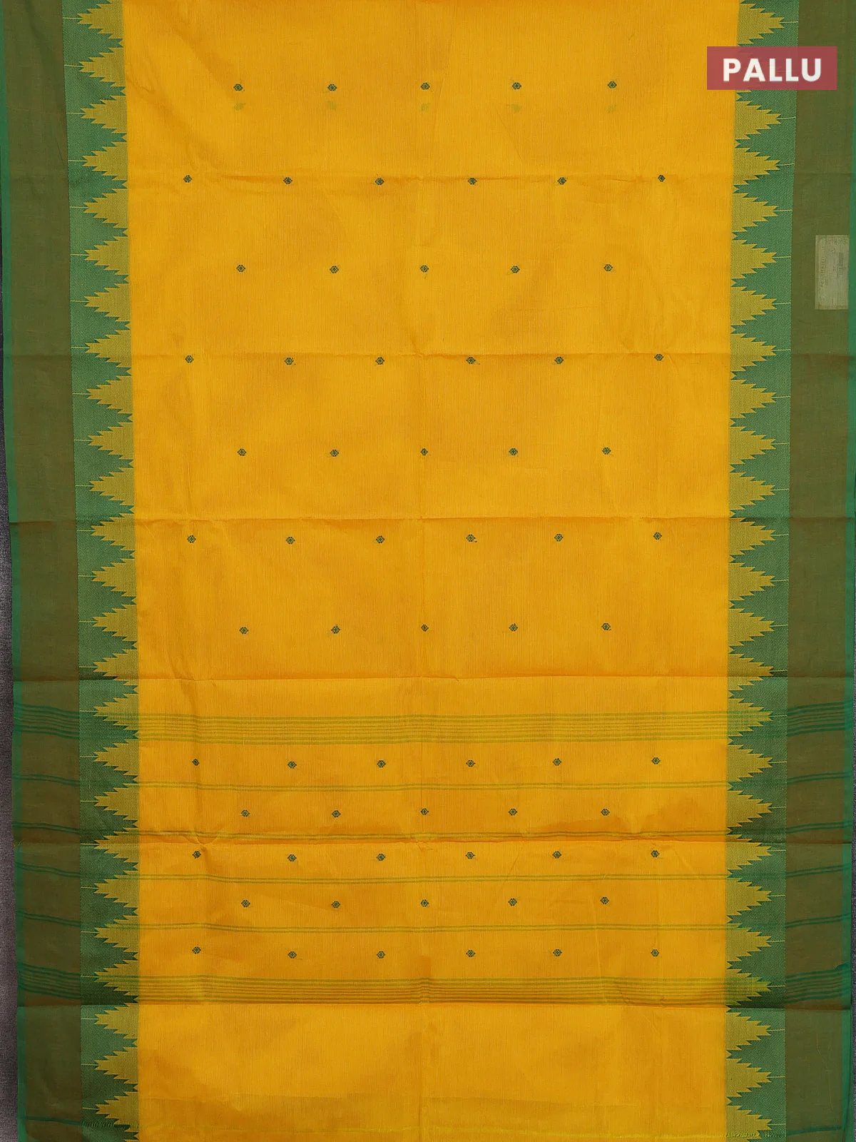 Chettinad cotton saree yellow and green with thread woven buttas and temple design simple border - Image 3