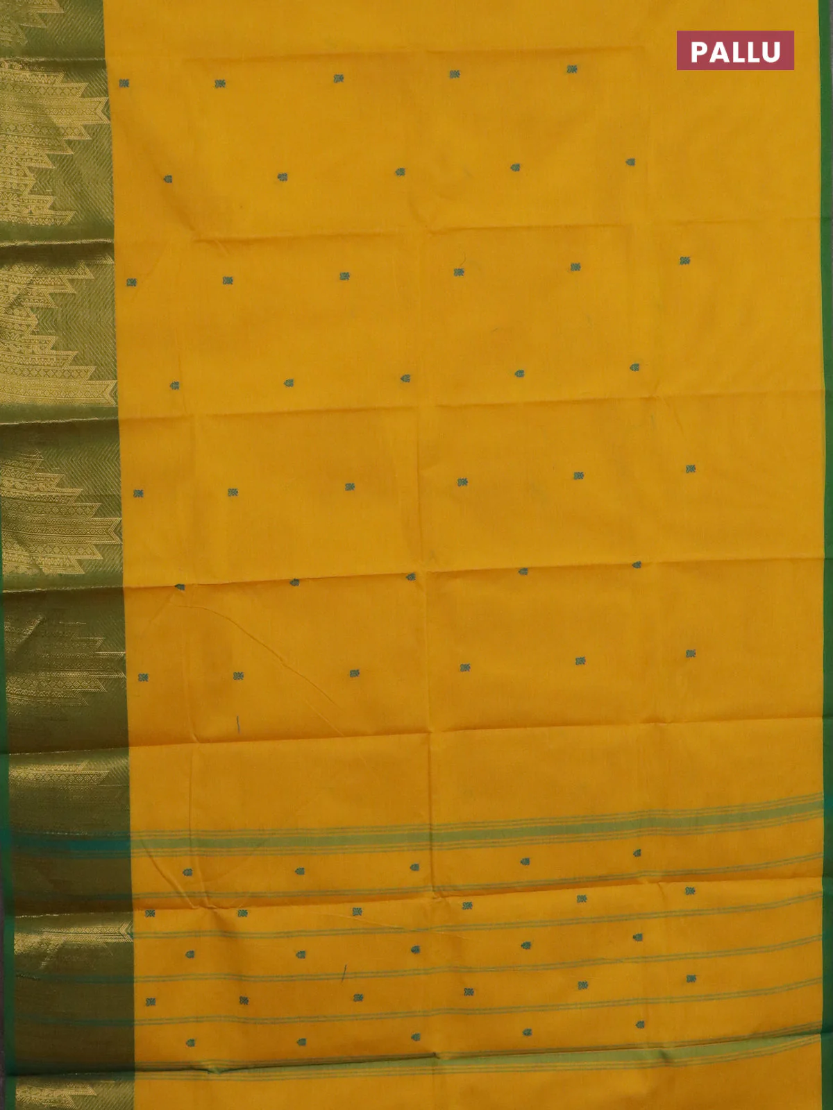 Chettinad cotton saree yellow and green with thread woven buttas and temple zari woven border - Image 3