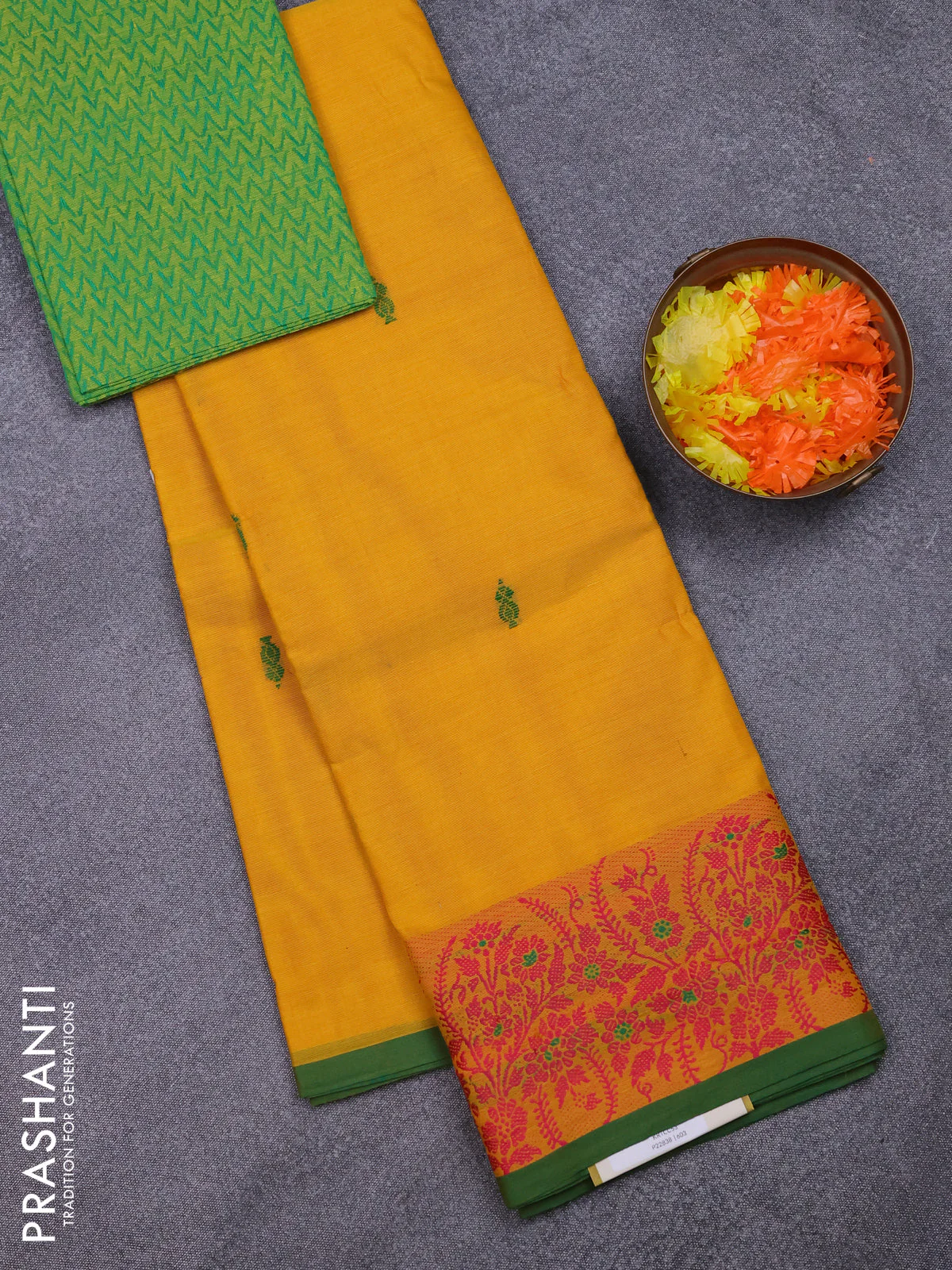 Chettinad cotton saree yellow and green with thread woven buttas and thread woven border