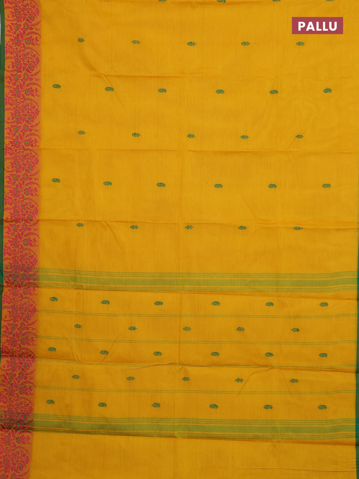 Chettinad cotton saree yellow and green with thread woven buttas and thread woven border - Image 3