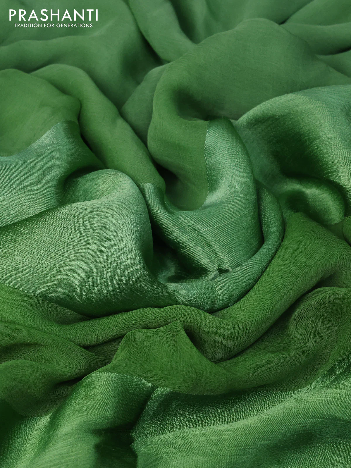 Chiffon saree green with plain body and satin border - Image 3