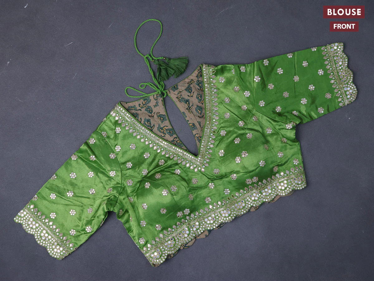 Chiffon saree green with plain body and satin border - Image 4