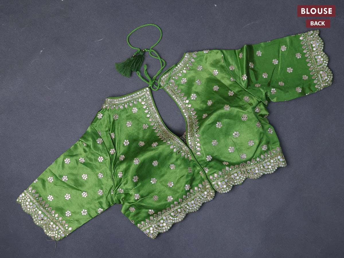 Chiffon saree green with plain body and satin border - Image 5