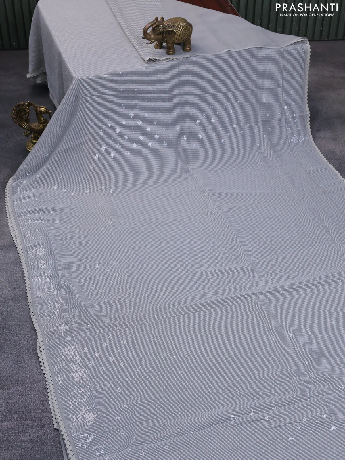 Chiffon saree grey with allover chikankari & sequin work and lace work border - Image 2