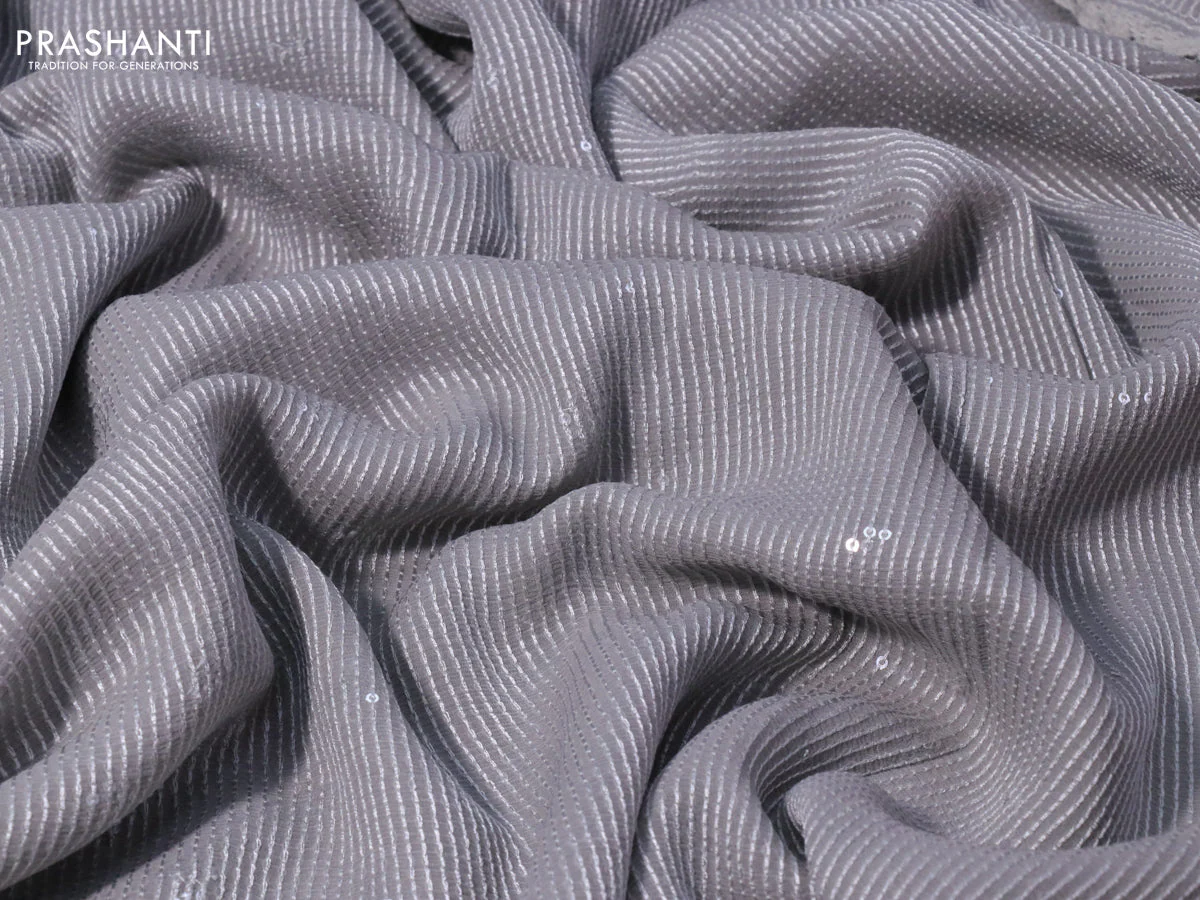 Chiffon saree grey with allover chikankari & sequin work and lace work border - Image 3