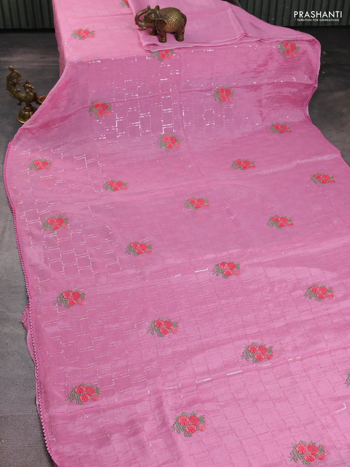 Chiffon silk saree light pink with sequin work & floral embroidery and lace work border - Image 2