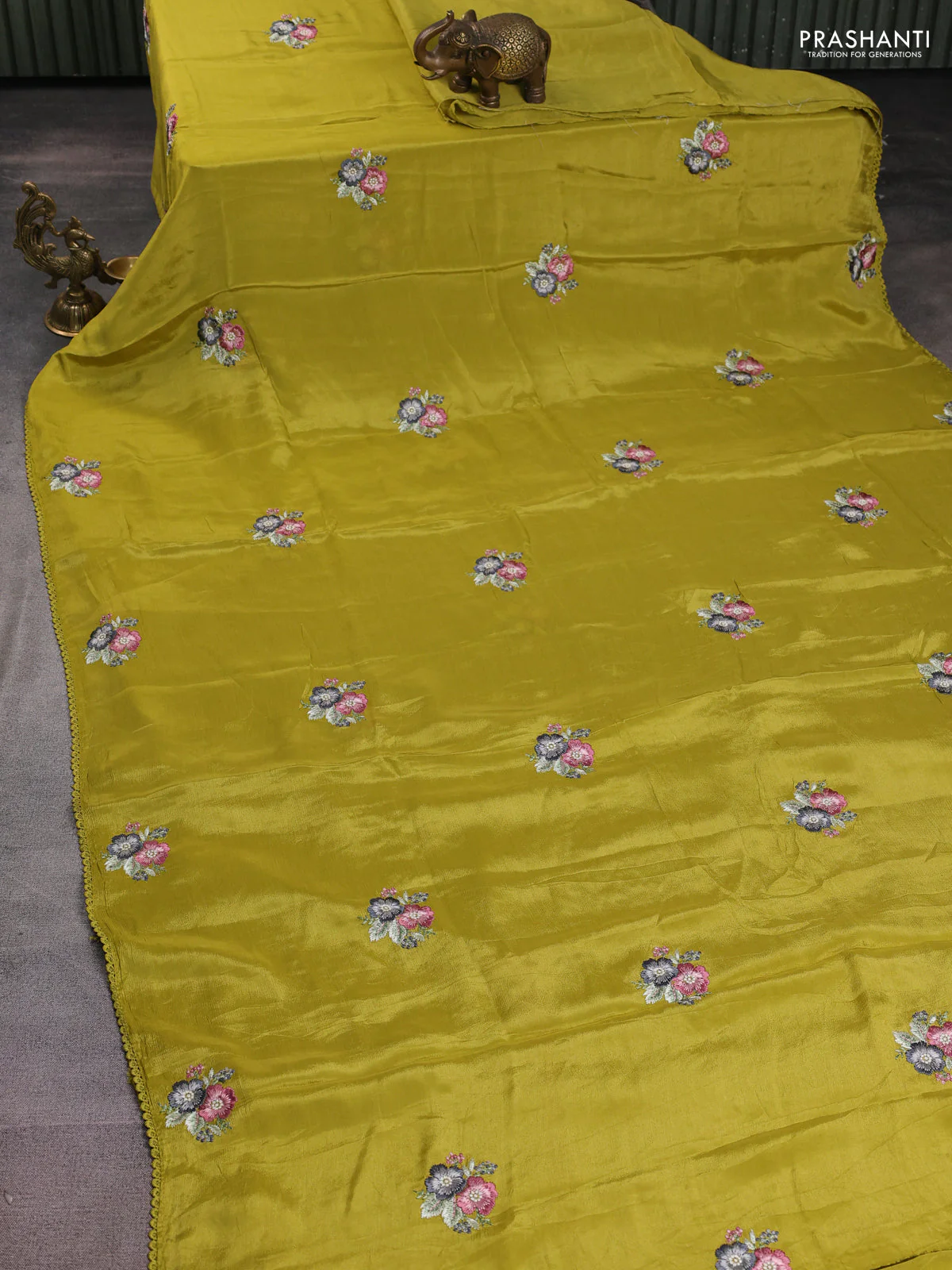 Chiffon silk saree lime green with floral embroidery and lace work border - Image 2