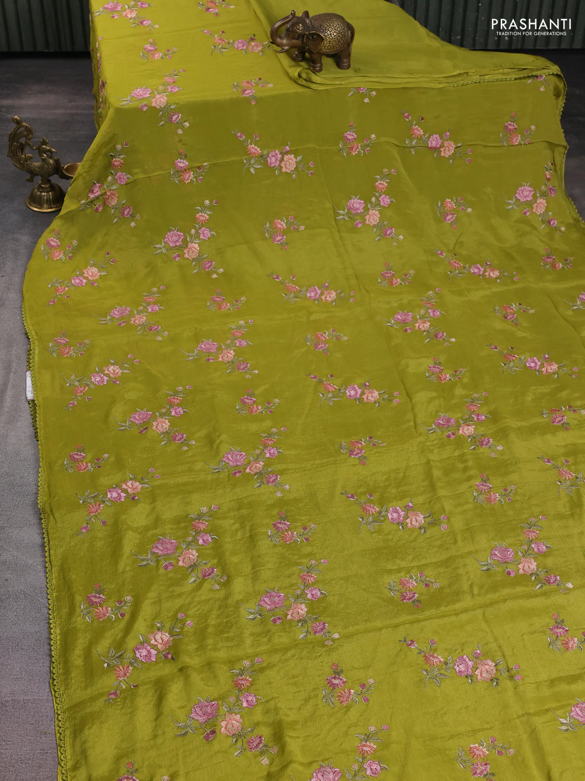 Chiffon silk saree lime green with floral embroidery and lace work border - Image 2