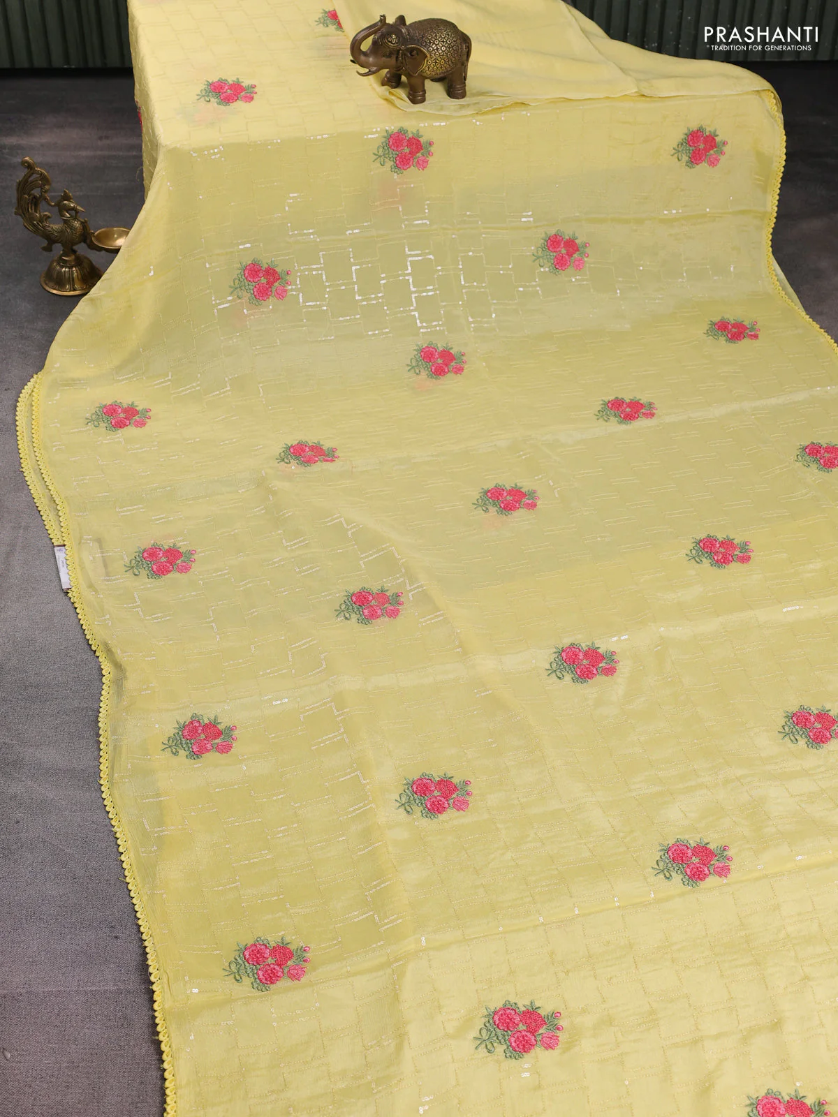 Chiffon silk saree pale yellow with sequin work & floral embroidery and lace work border - Image 2