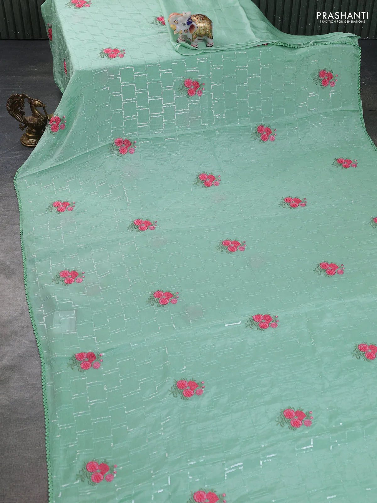Chiffon silk saree pastel green with sequin work & floral embroidery and lace work border - Image 2