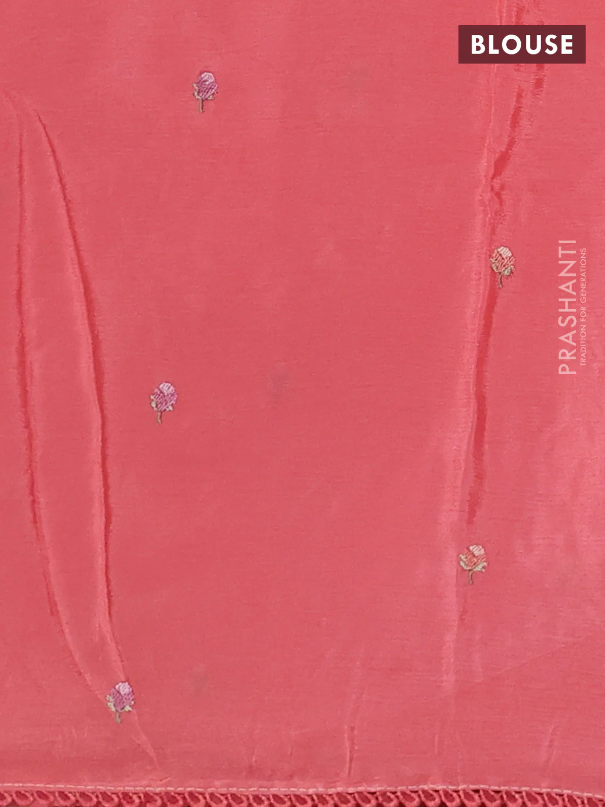 Chiffon silk saree peach shade with floral embroidery and lace work border - Image 3