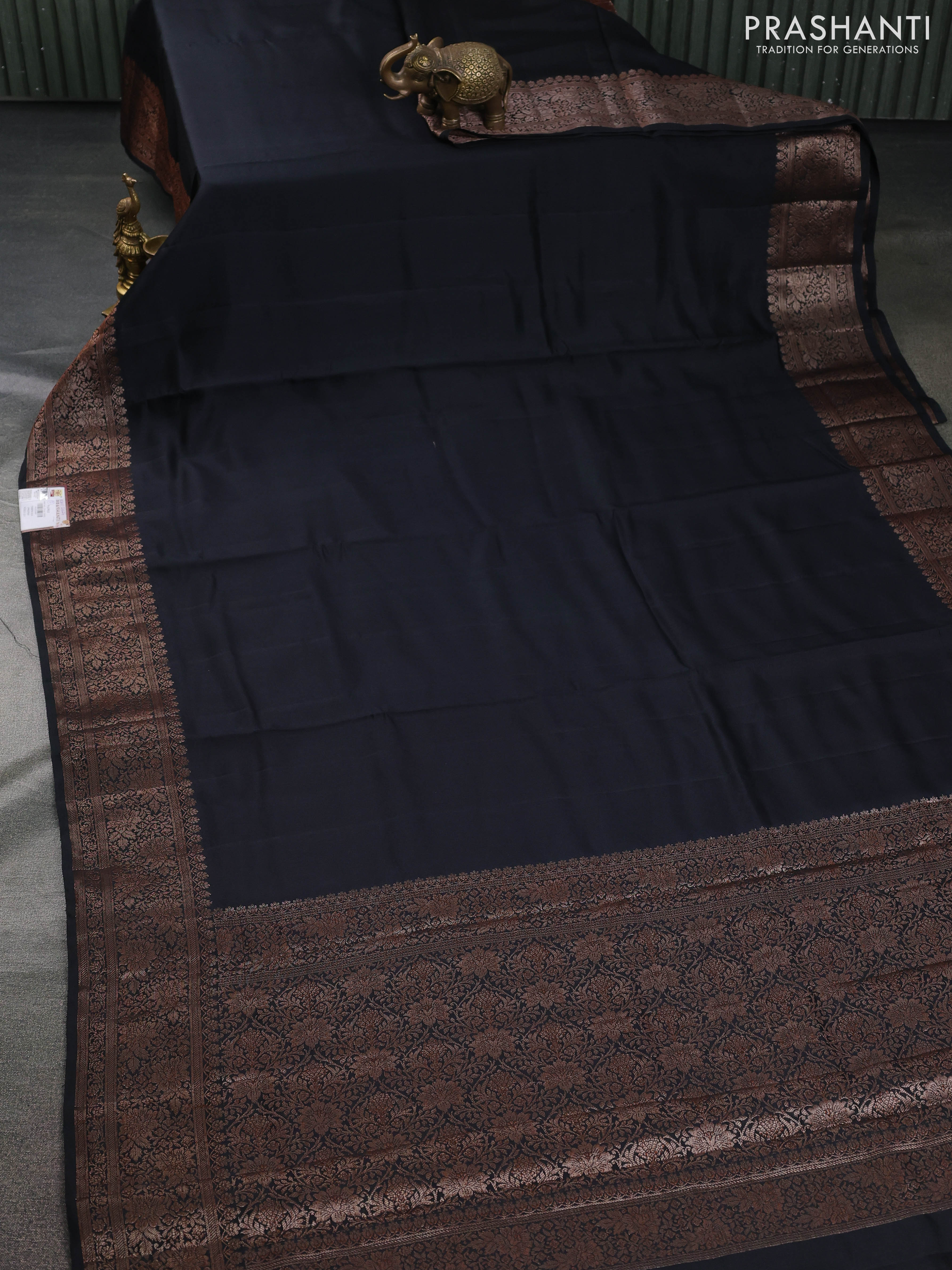 Chiniya silk saree black and maroon with plain body and woven border - Image 2