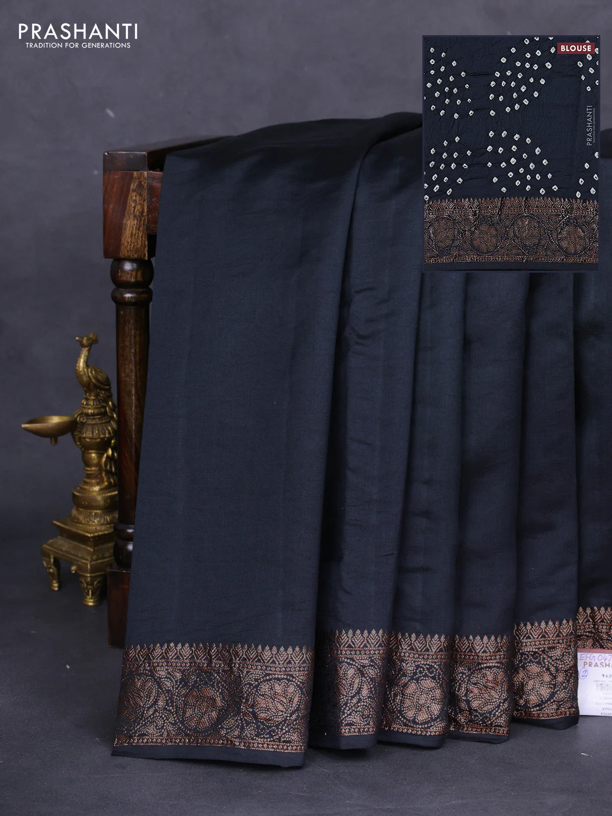 Chiniya silk saree black with plain body and woven border