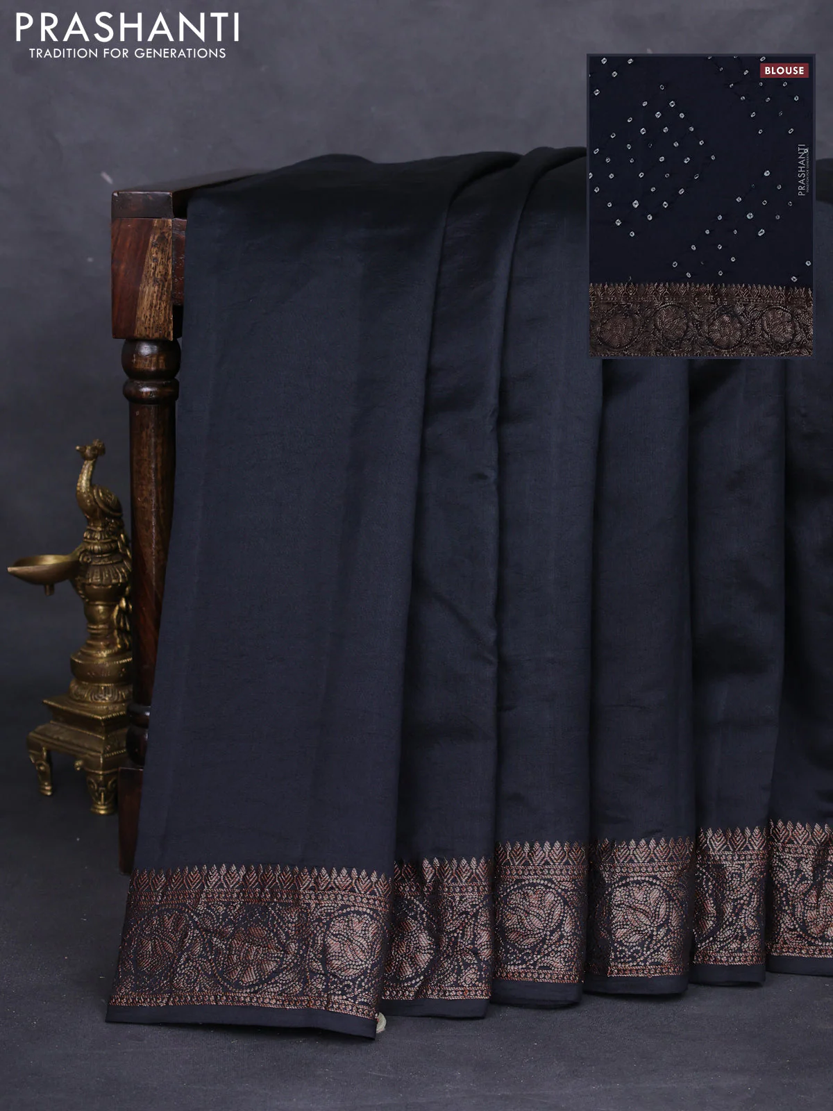 Chiniya silk saree black with plain body and woven border