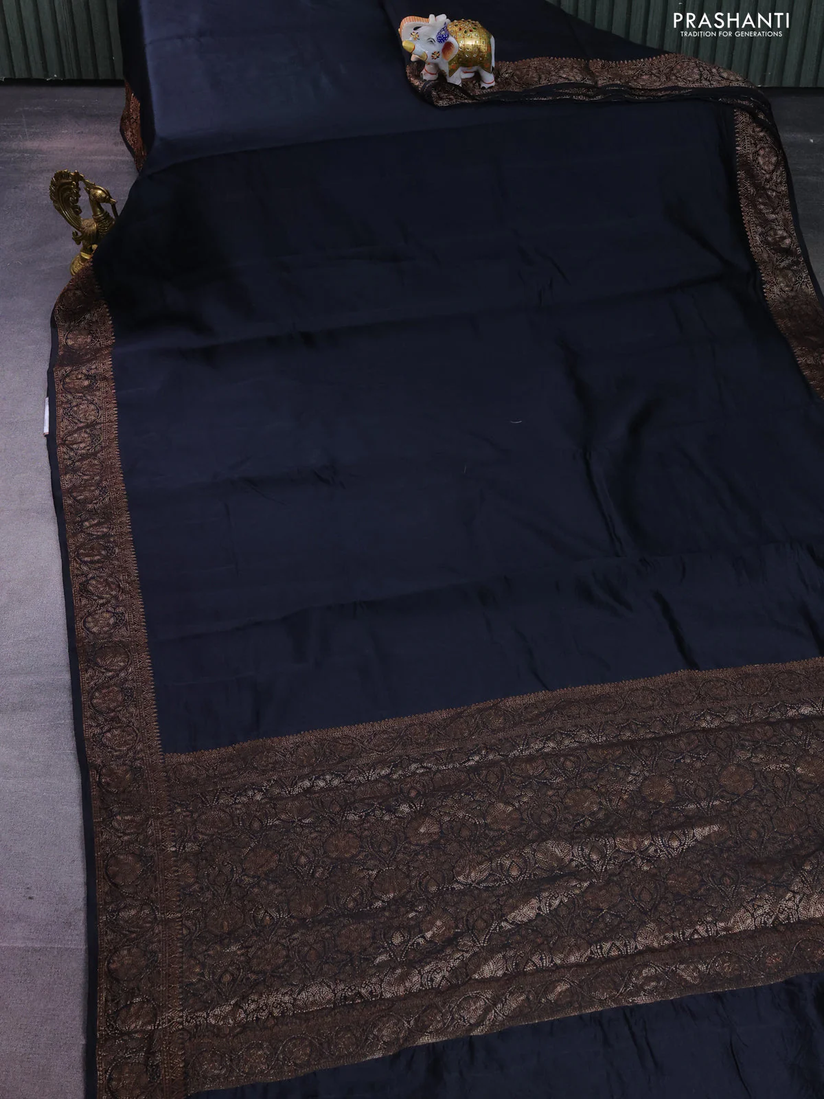 Chiniya silk saree black with plain body and woven border - Image 2