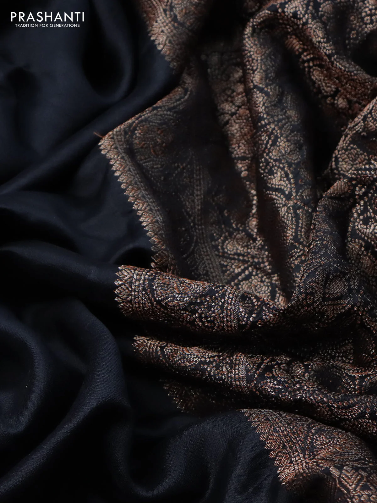 Chiniya silk saree black with plain body and woven border - Image 3