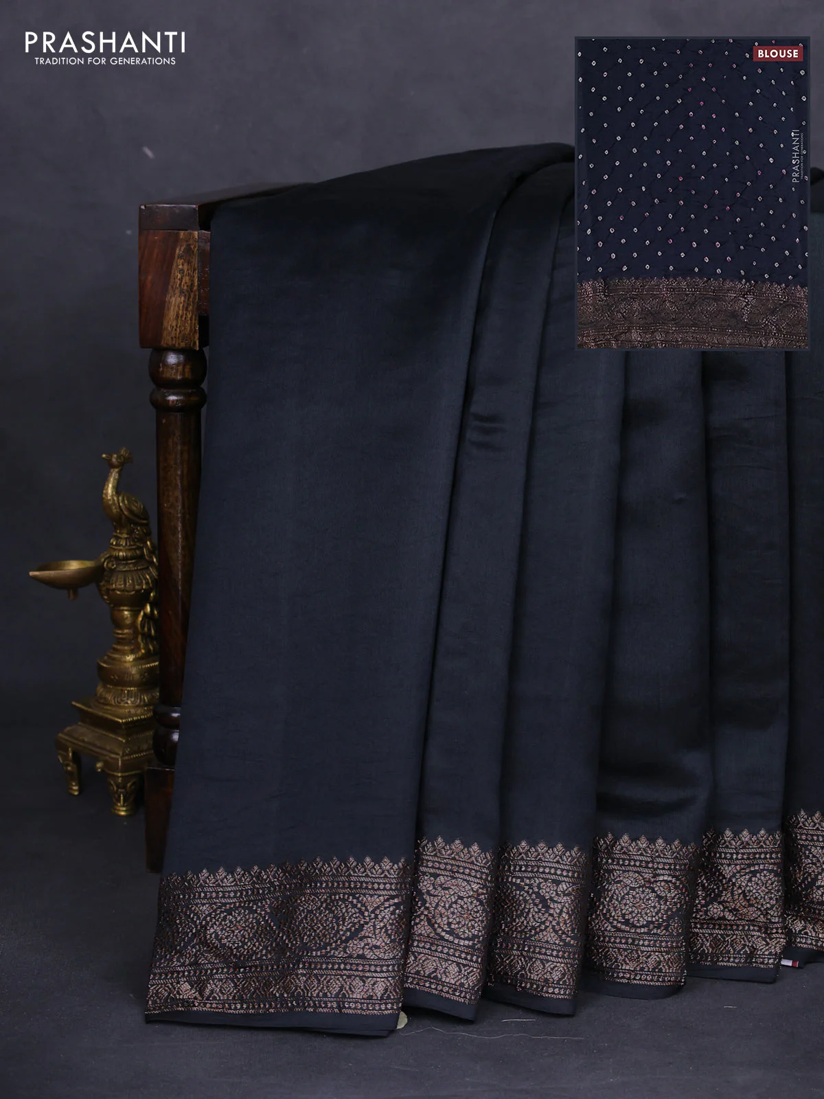 Chiniya silk saree black with plain body and woven border
