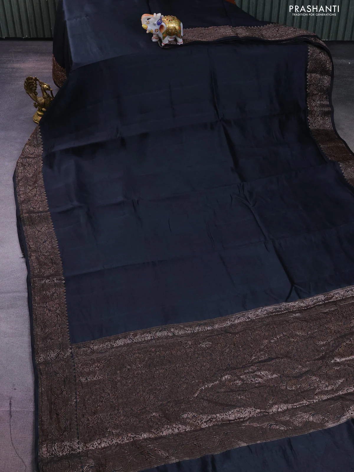 Chiniya silk saree black with plain body and woven border - Image 2