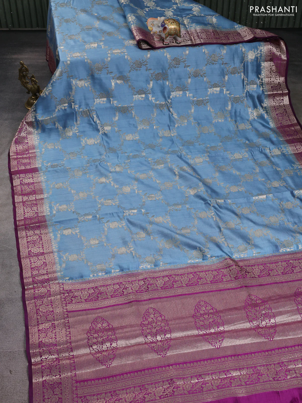Chiniya silk saree bluish grey and purple with allover floral zari weaves and zari woven border - Image 2